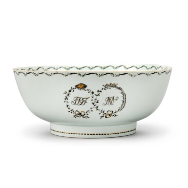 View full screen - View 1 of Lot 11. A Chinese Export Grisaille and Gilt Decorated 'Numismatic' Punch Bowl for the Swedish Market, Qing Dynasty, Qianlong Period, Circa 1776 | 清乾隆 約1776年 墨彩描金瑞典貨幣圖字母紋大盌.