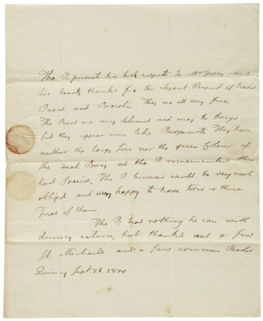 View full screen - View 1 of Lot 2170. Adams, John. Autograph letter signed in the third person, to Elbridge Gerry, 24 September 1800.