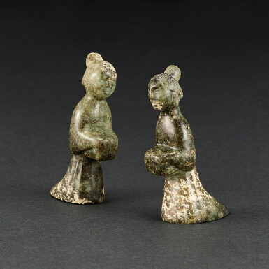 View full screen - View 1 of Lot 547. A PAIR OF CALCIFIED CELADON JADE FIGURES OF FEMALE ATTENDANTS HAN DYNASTY | 漢 青玉女跪人一對.