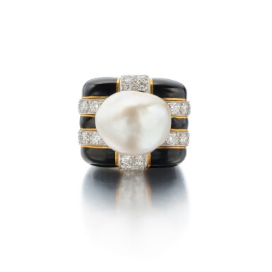 View full screen - View 1 of Lot 119. Cultured Pearl, Enamel and Diamond Ring.