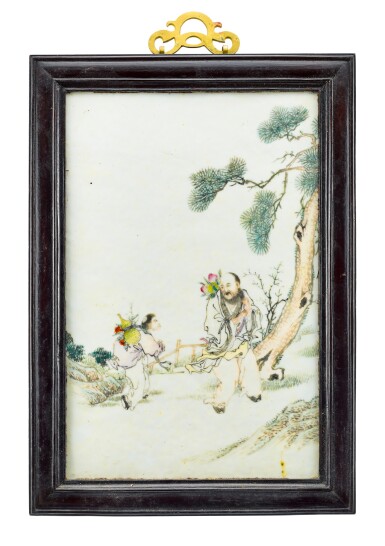 View full screen - View 1 of Lot 2176. A famille-rose 'immortal' plaque Attributed to Wang Qi, Republican period | 民國 傳王琦畫粉彩仙人祝壽圖瓷板掛屏.