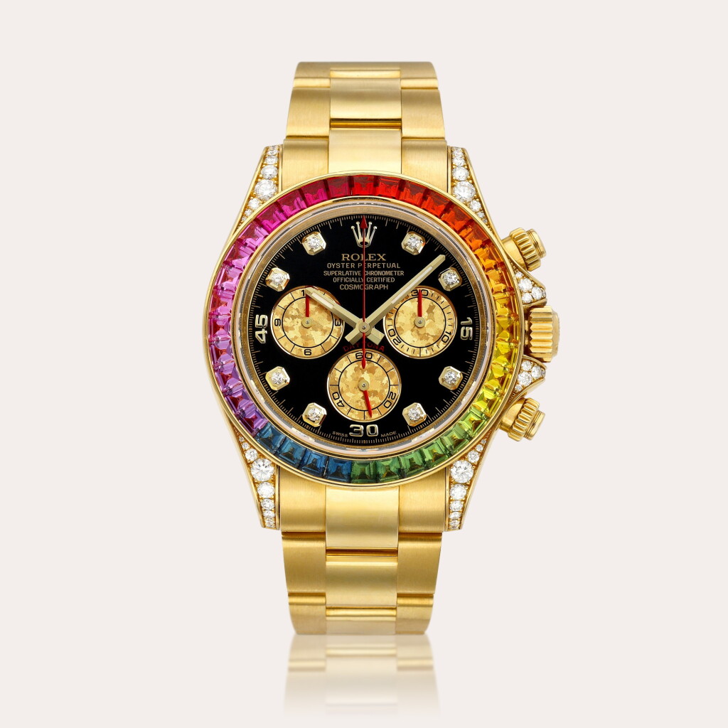 View full screen - View 1 of Lot 2313. Daytona 'Rainbow', Reference 116598RBOW | A yellow gold, diamond and multi-coloured sapphire-set chronograph wristwatch with bracelet, Circa 2013.
