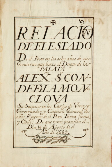 View full screen - View 1 of Lot 55. Relacion de el estado de el Peru. In-folio. In-folio. Rare manuscrit americana, 1681-1689.