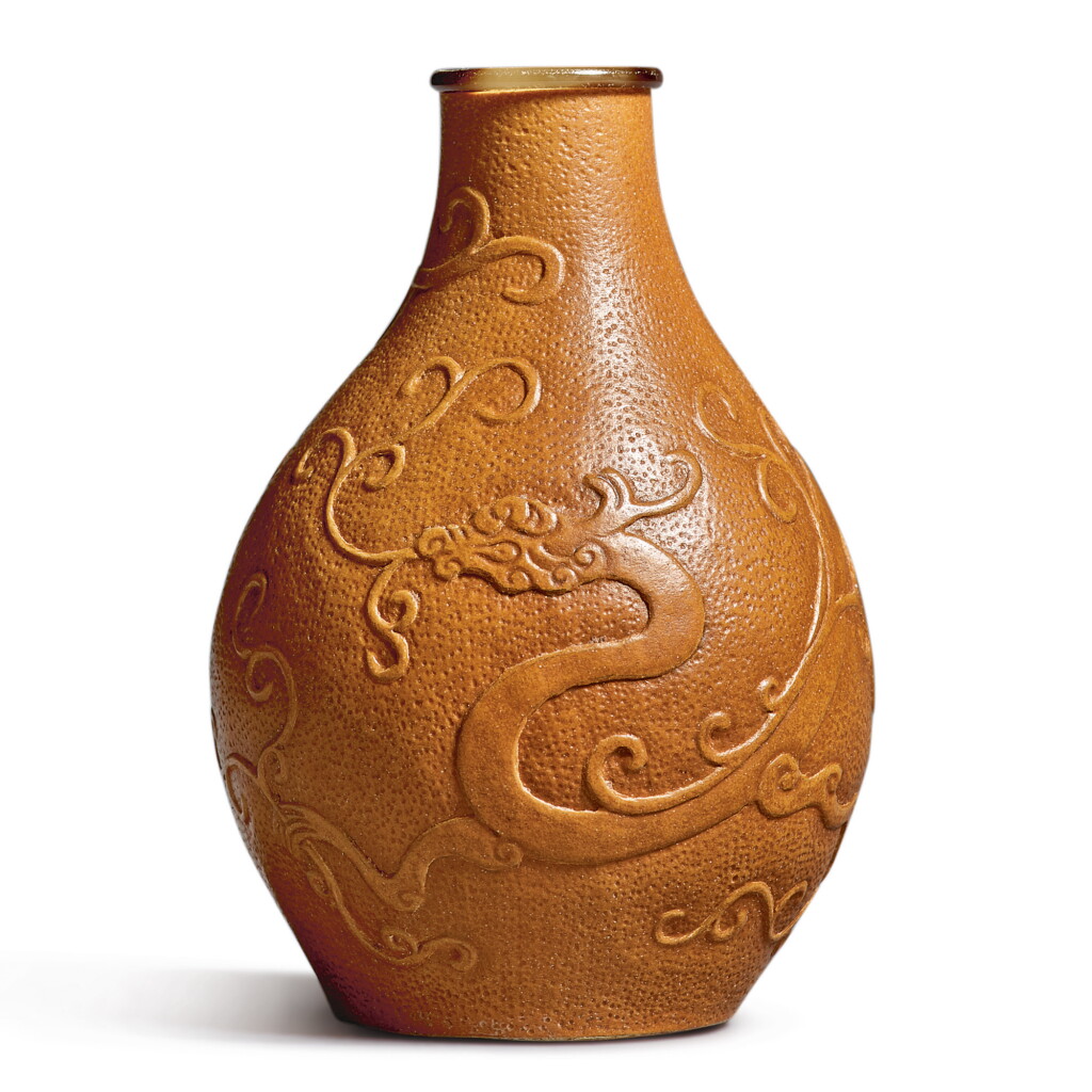 View full screen - View 1 of Lot 266. A miniature molded gourd 'dragon' vase, Daoguang mark and period | 清道光 匏製龍紋小瓶《道光年製》款.
