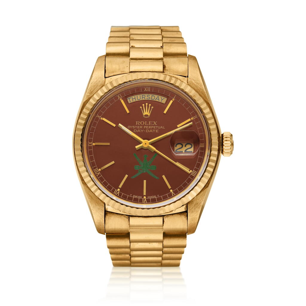 View full screen - View 1 of Lot 242. Reference 18038 Day-Date ‘Khanjar’ | A yellow gold automatic wristwatch with day, date, and bracelet, Circa 1978 .