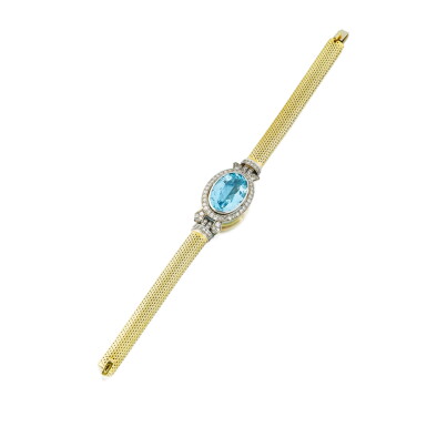 View full screen - View 1 of Lot 254. Bracelet aigue-marine et diamants | Aquamarine and diamond bracelet.