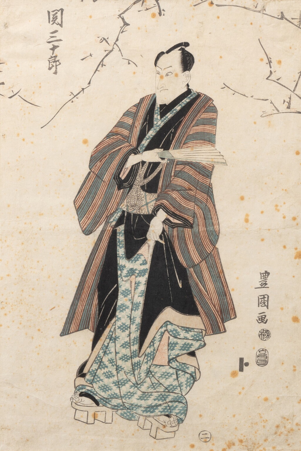 View full screen - View 1 of Lot 213. Utagawa Toyokuni I, Portrait of Nakamura Matsue, and another actor print, Japan, Edo period, 18th century | 日本 江戶時代 十八世紀 木刻版畫一組三幀.