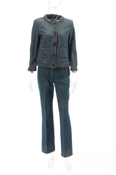 View full screen - View 1 of Lot 102. Denim jacket, skirt and pair of trousers.