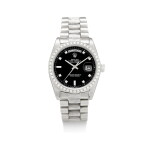 ROLEX | DAY-DATE, REFERENCE 1803, A WHITE GOLD AND DIAMOND-SET WRISTWATCH WITH DAY, DATE, BRACELET AND LATER RODIUM-PLATED BEZEL, CIRCA 1982