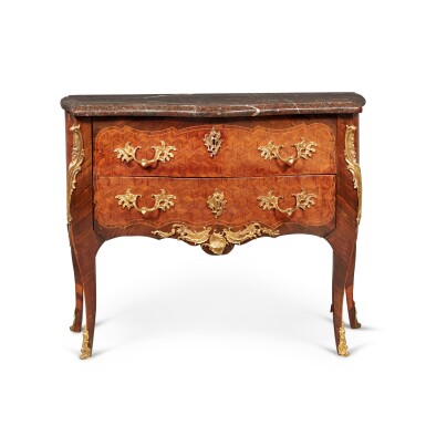 View full screen - View 1 of Lot 38. A Louis XV Gilt-Bronze Mounted Tulipwood and Marquetry Commode, Mid-18th Century.