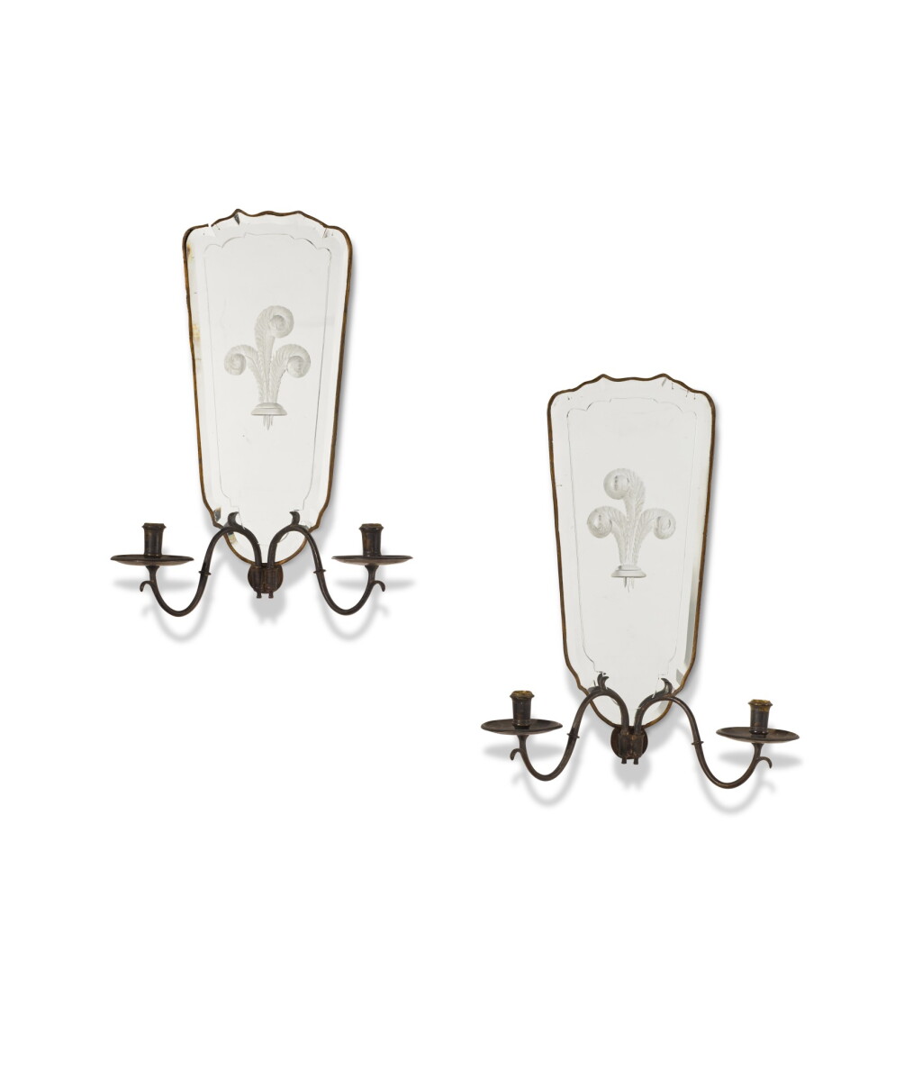 View full screen - View 1 of Lot 147. A PAIR OF ITALIAN MIRRORED TWIN-BRANCH WALL LIGHTS, EARLY 20TH CENTURY.