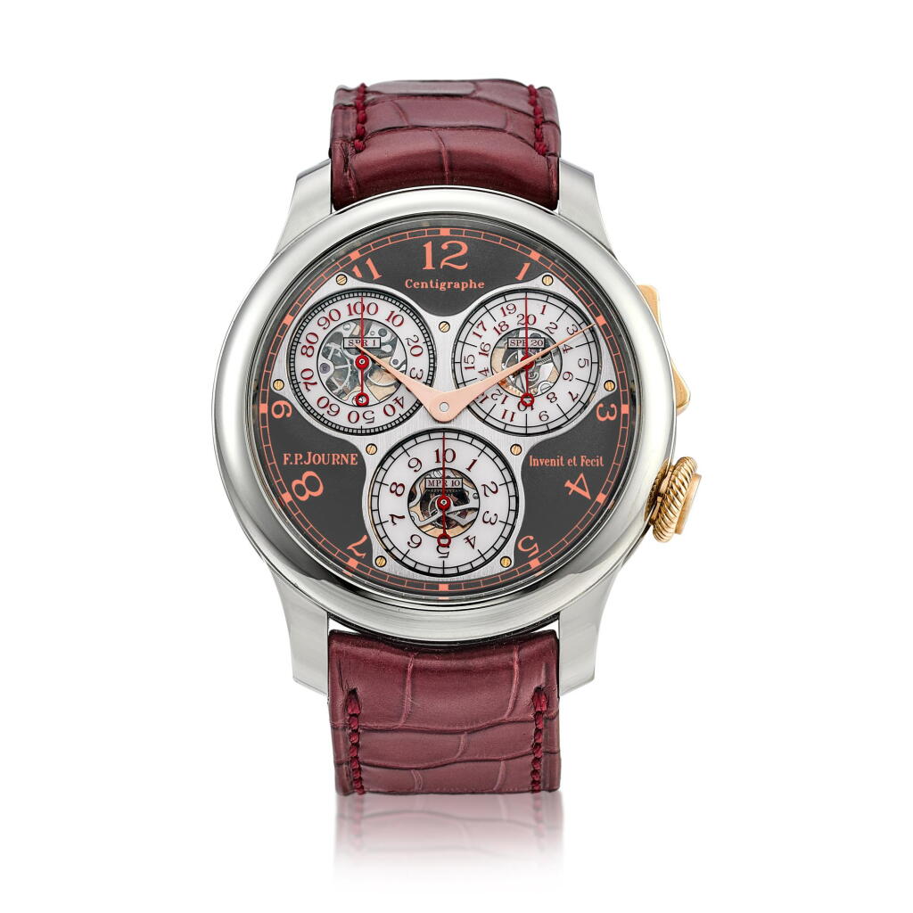View full screen - View 1 of Lot 2089. Centigraphe Souverain Anniversaire Tokyo | A limited edition titanium and pink gold chronograph wristwatch with 100th of a second, 20 second and 10 minute registers and ergonomic buttons, Made to commemorate the 10th anniversary of F.P. Journe boutique in Tokyo, Circa 2016 | Centigraphe Souverain Anniversaire Tokyo | 限量版鈦金屬及粉紅金計時腕錶,備百分一秒、二十秒及十分鐘小錶盤及搖板式按鈕,為紀念F.P. Journe東京專門店10週年而製,約2016年製 .