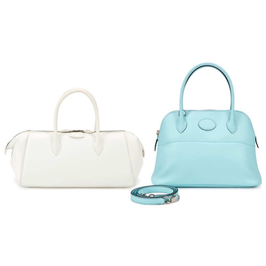 View full screen - View 1 of Lot 5605. Set of 2 White Epsom Paris-Bombay 27 Palladium Hardware, 2006 and Bleu Atoll Swift Bolide 27 Palladium Hardware, 2017.