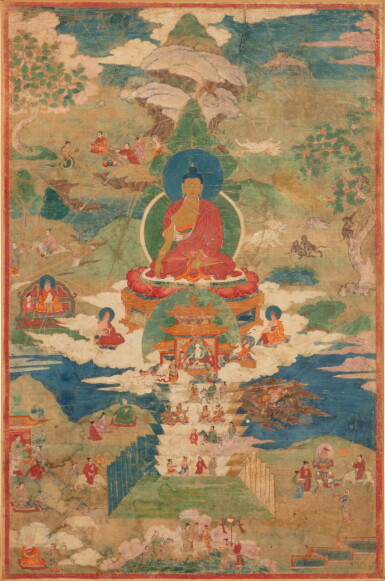 View full screen - View 1 of Lot 61. A thangka depicting Buddha Shakyamuni, Tibet, 17th - 18th century | 西藏 十七至十八世紀 釋迦牟尼佛唐卡 設色布本.