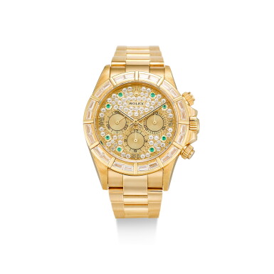 View full screen - View 1 of Lot 501. ROLEX | COSMOGRAPH DAYTONA, REFERENCE 16568, A YELLOW GOLD, DIAMOND AND EMERALD-SET CHRONOGRAPH WRISTWATCH WITH BRACELET, CIRCA 1994.