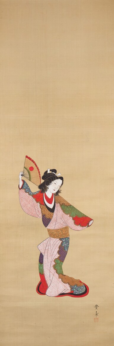 View full screen - View 1 of Lot 17. Toyoaki (dates unknown), Dancing bijin with fan, Edo period, 19th century .