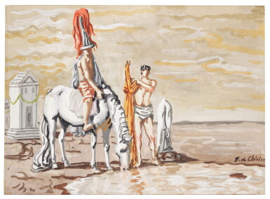View full screen - View 1 of Lot 471. GIORGIO DE CHIRICO | CAVALIERE E SCUDIERO IN RIVA AL MARE (KNIGHT AND ESQUIRE BY THE SEA).