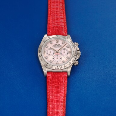 View full screen - View 1 of Lot 126. Daytona, Reference 16516 | A unique platinum chronograph wristwatch with mother-of-pearl diamond-set dial | Circa 1999.