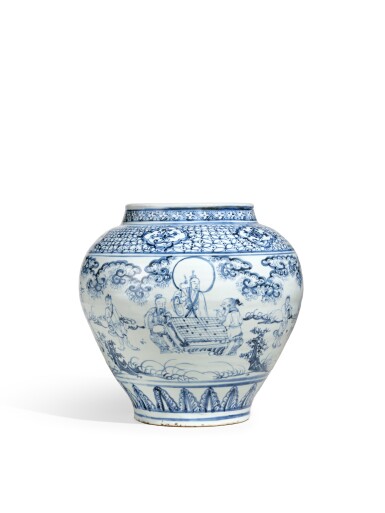 View full screen - View 1 of Lot 2166. A blue and white 'scholars’ jar, Ming dynasty, 15th century | 明十五世紀 青花琴棋圖罐.