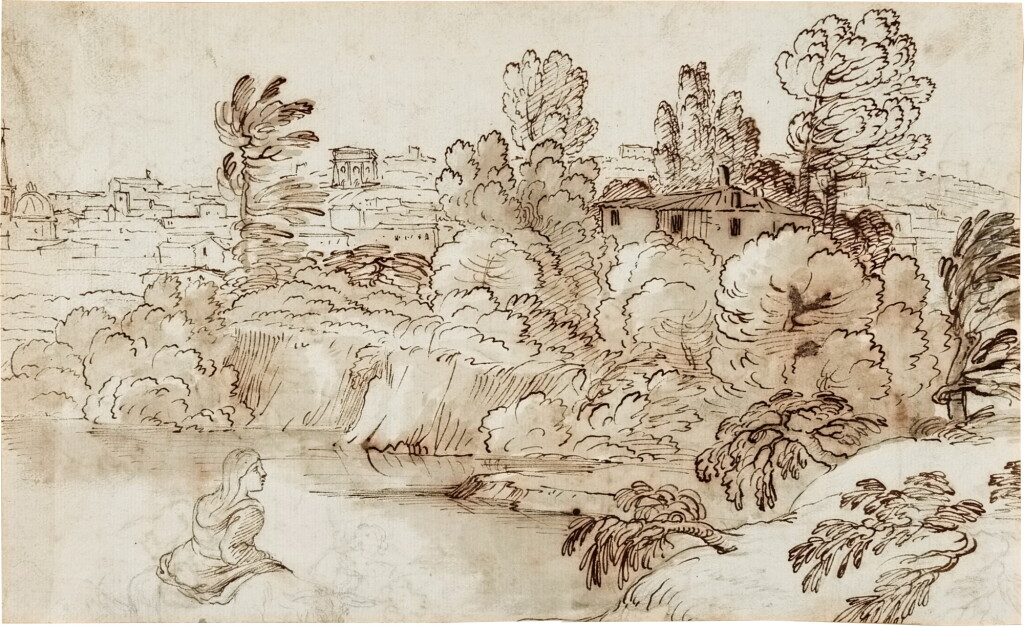 View full screen - View 1 of Lot 714. Recto: Landscape with a River by a City, Travellers in the Foreground | Verso: Studies of Soldiers, Bathers and other Figures.