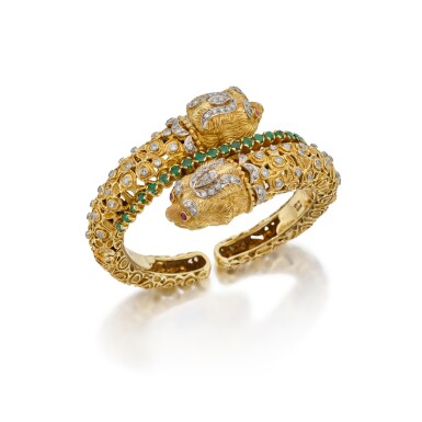 View full screen - View 1 of Lot 172. A Gold, Diamond, Emerald and Ruby Cuff-Bracelet.