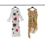 Vivienne Westwood Yellow Lace Dress with Sequin Embellishments and Platform Boots and Homologue White Cards Pattern Dress with Cutout Details