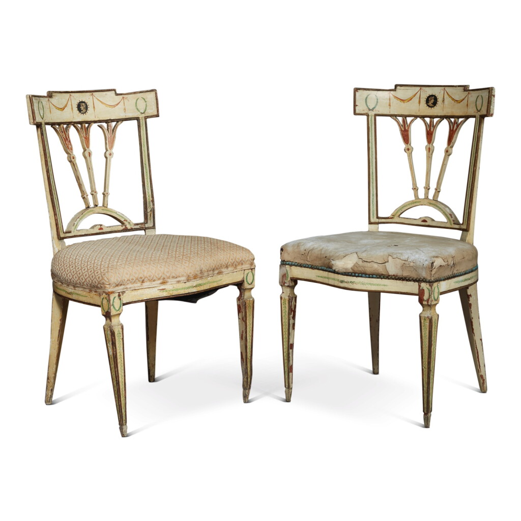View full screen - View 1 of Lot 919. A PAIR OF NORTH ITALIAN NEOCLASSICAL PAINTED SIDE CHAIRS, LATE 18TH CENTURY.