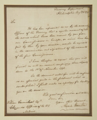 View full screen - View 1 of Lot 2185. Hamilton, Alexander. Manuscript letter signed, Philadelphia, 12 August 1792, to William Carmichael.