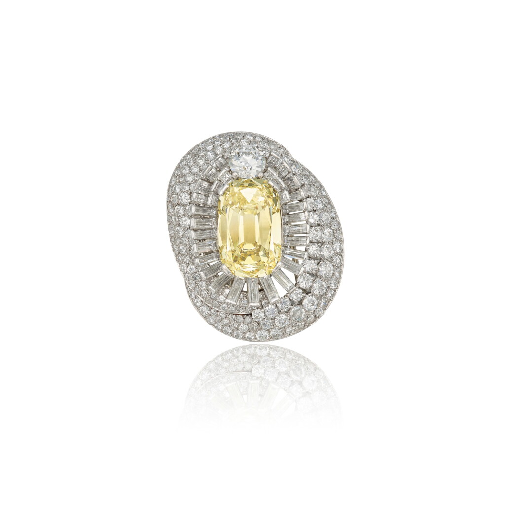 View full screen - View 1 of Lot 42. Fancy Yellow Diamond and Diamond Clip-Brooch, Paris.