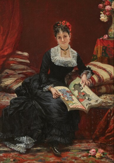 View full screen - View 1 of Lot 397. Young lady looking at Japanese prints.