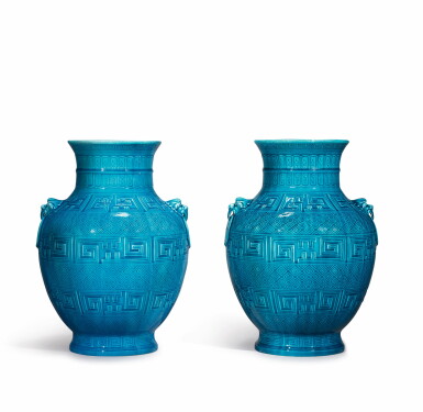 View full screen - View 1 of Lot 346. AN ASSEMBLED PAIR OF THEODORE DECK FAIENCE 'PERSIAN-BLUE' VASES, CIRCA 1875.