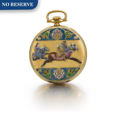 View full screen - View 1 of Lot 268. LONGINES | RETAILED BY TIFFANY & CO: A GOLD AND ENAMEL OPEN-FACED KEYLESS LEVER WATCH WITH MUGHAL ENAMEL BACK CIRCA 1910, NO. 4578498.