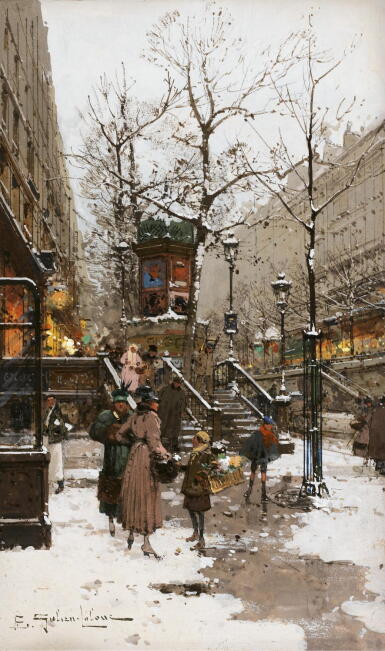View full screen - View 1 of Lot 64. EUGÈNE GALIEN-LALOUE | Kiosque sous la neige; le quai du Louvre: A Pair.
