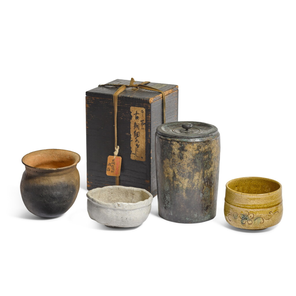 View full screen - View 1 of Lot 141. A group of three tea ceremony wares and a Haji ware jar, Kofun – Edo period, 5th – 19th century.