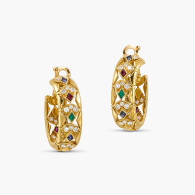 View full screen - View 1 of Lot 23. Gem-set and Diamond Hoop Earrings.