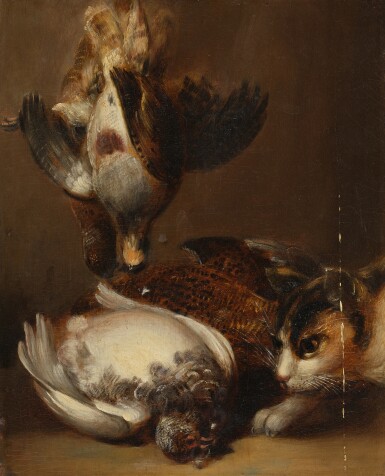 View full screen - View 1 of Lot 63. Hunting still life with partridges, a pheasant, and a calico cat.