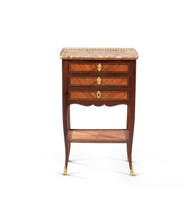 View full screen - View 1 of Lot 179. An amaranth and tulipwood veneered chiffonnière table, late Louis XV – early Louis XVI, circa 1770, stamped by Jean-Charles Ellaume Table en chiffonnière en placage d'amarante et de bois de rose de la fin d’époque | Louis XV-début Louis XVI, vers 1770, estampille de Jean-Charles Ellaume.