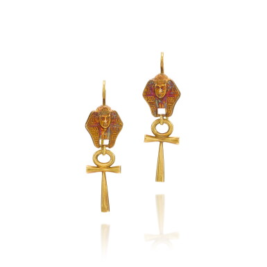 View full screen - View 1 of Lot 82. Neo-Egyptian gold earrings, circa 1875.