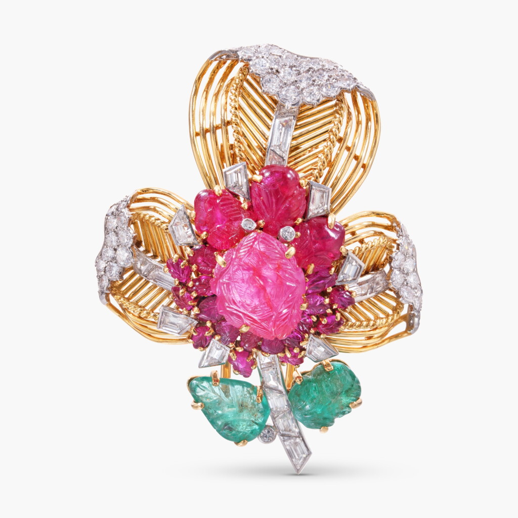 View full screen - View 1 of Lot 535. Retro Ruby, Emerald and Diamond Brooch/Pendent Necklace.