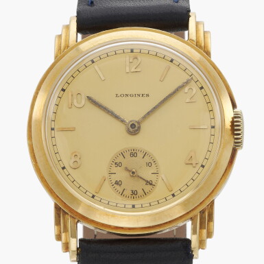 View full screen - View 1 of Lot 350. A yellow gold wristwatch with triple stepped lugs | Circa 1940.