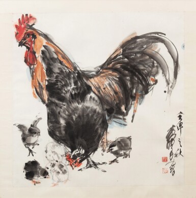 View full screen - View 1 of Lot 186. Huang Zhou (1925-1997) Family | 黃胄 雞趣圖 設色紙本 鏡框.
