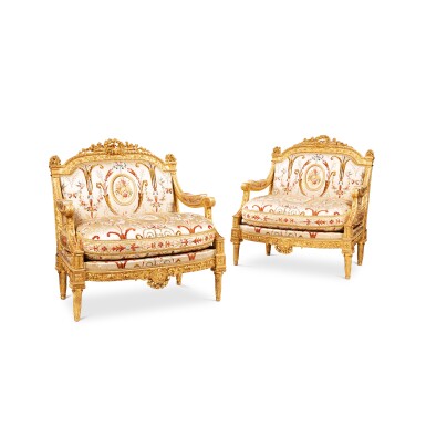 View full screen - View 1 of Lot 53. A pair of royal Louis XVI giltwood marquises, by Jean-Baptiste II Tilliard, circa 1784.
