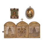 A group of three travelling silver-gilt and enamel icons, Ivan Alekseevich Alekseev and maker's mark CE, Moscow and St Petersburg, various dates