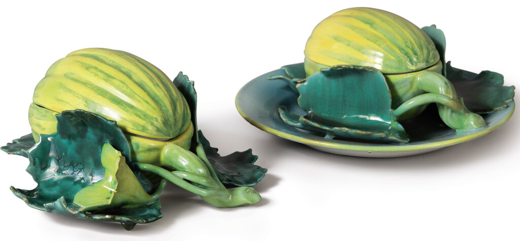 View full screen - View 1 of Lot 175. A NORTHERN EUROPEAN FAIENCE MELON BOX AND COVER AND ANOTHER SIMILAR ON FIXED STAND, CIRCA 1770.