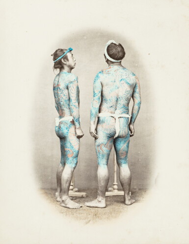 View full screen - View 1 of Lot 179. BARON RAIMUND VON STILLFRIED ET AUTRES ALBUM DE PORTRAITS ET DE VUES DU JAPON, CA. 1870 | An album of 25 portraits and views of Japan, mostly by Baron Raimund von Stillfried and others, ca. 1870.