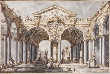 View full screen - View 1 of Lot 37. Capriccio: a courtyard with a double-arched portico surmounted by an elaborate pediment.