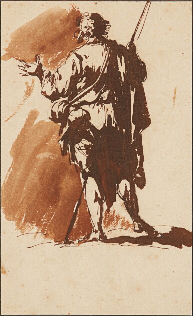 View full screen - View 1 of Lot 18. A male figure seen from behind, carrying a staff or fishing rod.