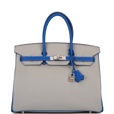 View full screen - View 1 of Lot 85. Hermès Horseshoe Stamped (HSS) Bicolor Gris Mouette and Bleu Electrique Birkin 35cm of Togo Leather with Brushed Palladium Hardware.