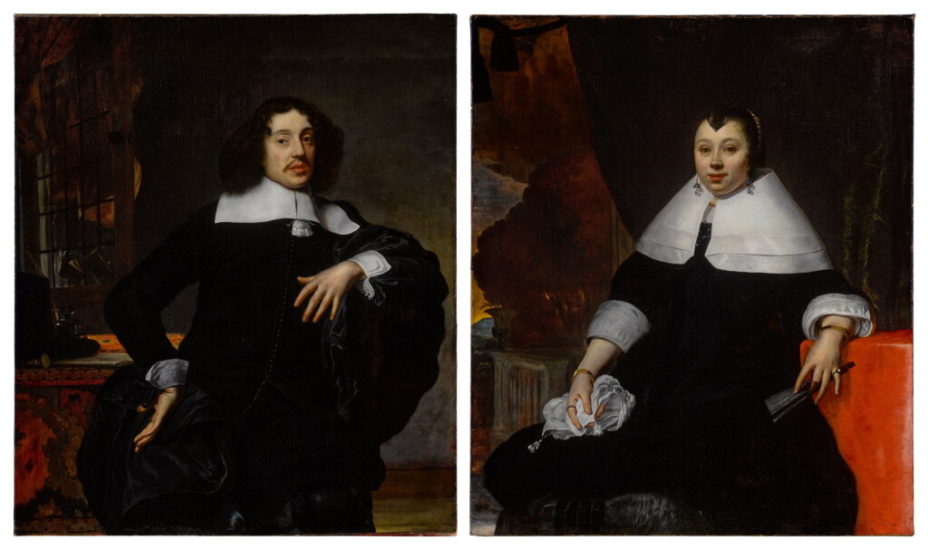 View full screen - View 1 of Lot 29. Portrait of a man standing before a desk and curtain, three-quarter length; Portrait of a woman seated before a landscape and curtain.
