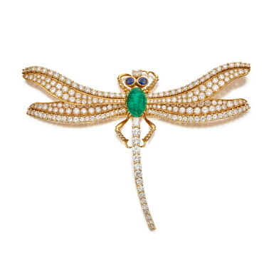 View full screen - View 1 of Lot 163. Cartier | Emerald, Sapphire and Diamond Clip-Brooch, France 卡地亞 祖母綠配藍寶石及鑽石別針,法國.